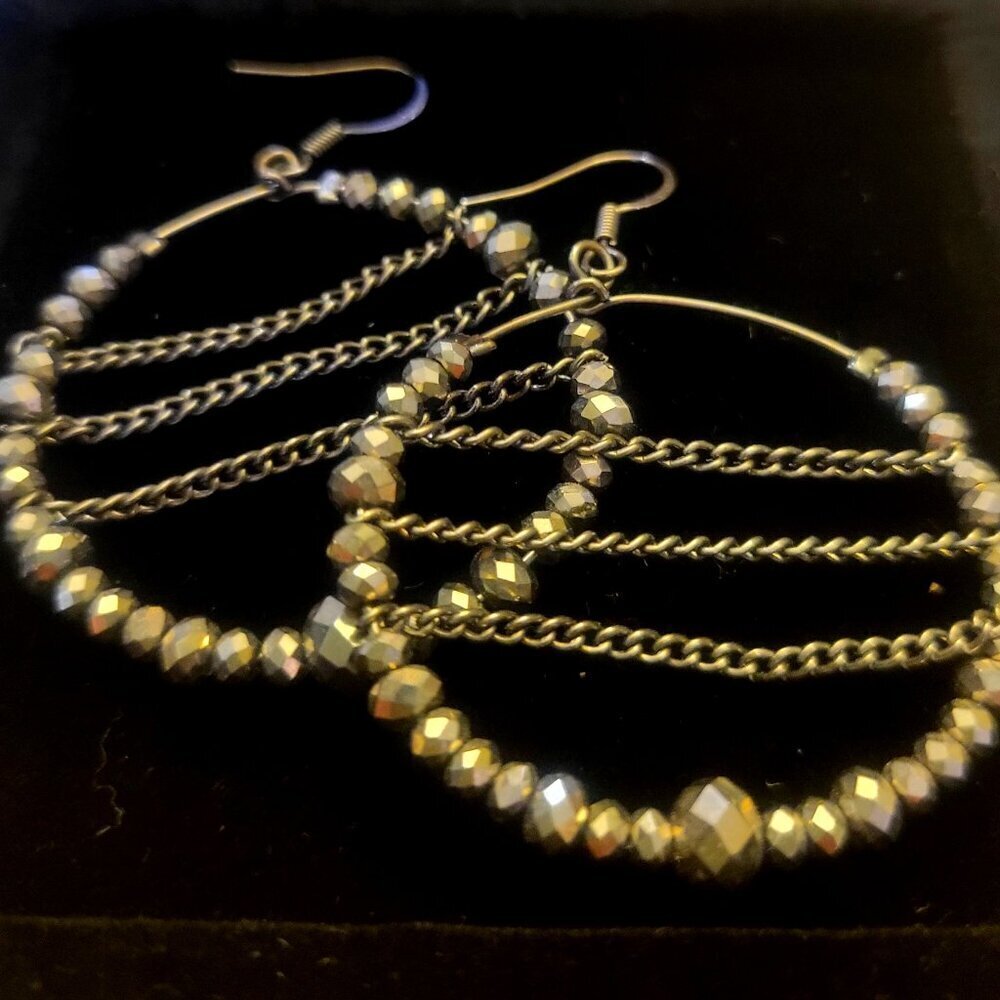 1 3/4 " Diameter Dark Metal Bead Hoop Earrings